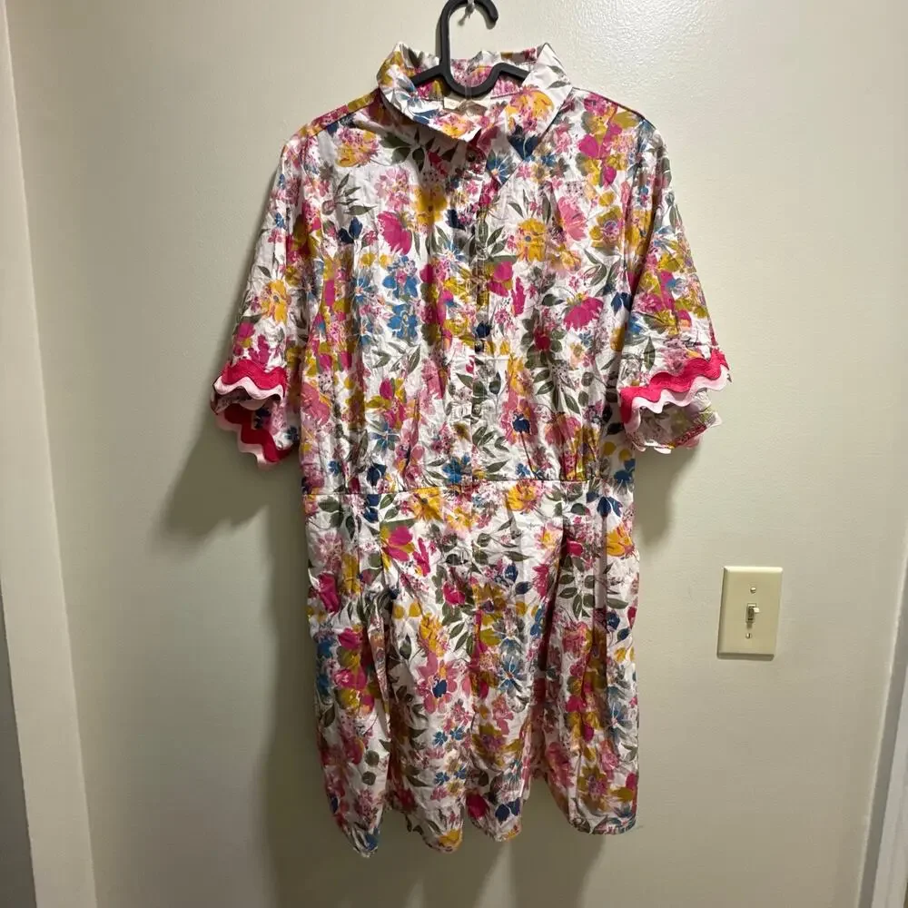 Entro Boutique | Preppy Summer Floral Ric Rac Trim Romper 100% Cotton Spring - Picture 3 of 13